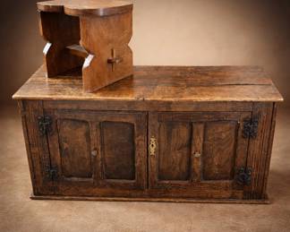 Rustic Antique Wood Cabinet w/ Doors 33" + Small Wooden Foot Stool