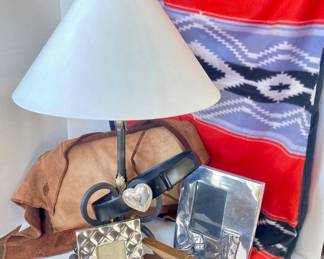  Southwestern Style Home Decor Collection Including Suede Lamp, Silver Frames, Wood Clothes Pins, and Leather Belt