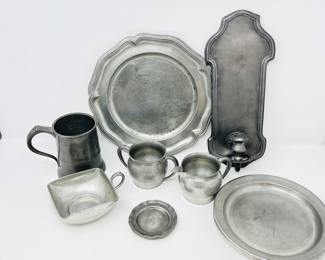 KP Lot #36 - Vintage/Antique Pewter Tableware Collection with Intricate Edged Plates and Classic Drinkware