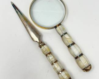 ST Lot #26 - Vintage Desk Set Featuring Magnifying Glass and Letter Opener with Ivory mother-of-pearl Handles