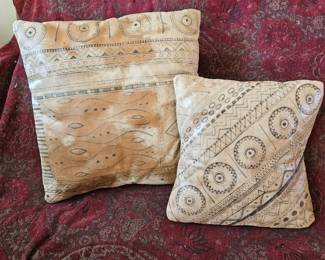 Pair Signed Rainbow Seaver Taos Hand Painted Leather Pillows Southwestern Mimbres