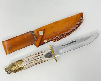 KP Lot #27 - Silver Stag Hunting Knife with Stag Handle and Brass Wolf Head Pommel
