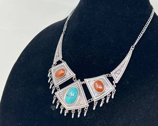 ST Lot #24 - Neiman Marcus Silver-Tone Necklace with Turquoise and Carnelian Colored Stone- New with Tag