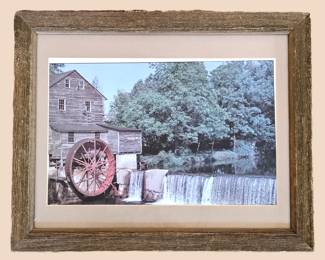 Framed Watermill Landscape Photo Print – Barnwood Frame – 11" x 20"