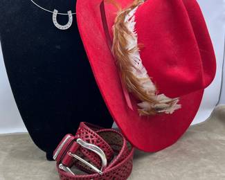 Lot #149 -Red Felt Western Hat with Feather Detail, Brighton Red Perforated Leather Belt, Rhinestone Horseshoe Pendant Necklace