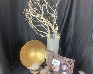  Frosted Vase Branches, Raku raccoon, gold tone bowl