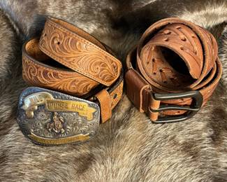 Vintage Wild Horse Race Leather Belt with Ellensburg Rodeo Buckle and Brown Leather Belt -sz 38