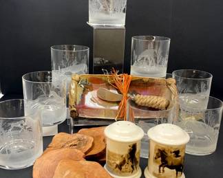 Rustic Entertaining Set with Horse-Etched Glasses, Live Edge Coasters, and Cheese Log Tray