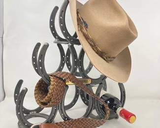  - 7 3/8 Stetson Beaver Cowboy Hat with Ralph Lauren Plaited Leather Belt and Heavy Horseshoe Wine Rack