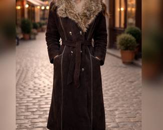 Luxurious Vintage Belted Suede Coat- Full Length Brown Leather with Plush Fur Collar and Faux Fur Lining - Small