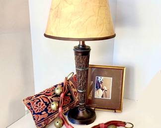 Western Style Table Lamp with Leather Needlepoint Pillow and Red Leather Sleigh Bells
