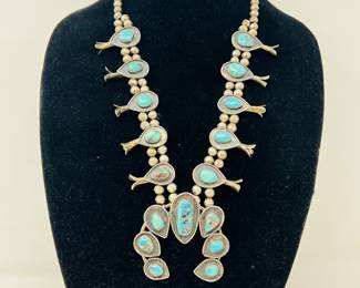 ST Lot #20 - Vintage Navajo Sterling Silver and Turquoise Squash Blossom Necklace New in Box