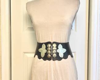 Vintage Wide Black Leather Belt with Decorative Silver-Toned Coin and Floral Embellishments 32