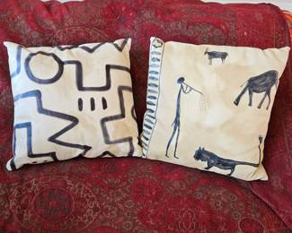 Pair of Signed Rainbow Seaver Taos Hand Painted Leather Pillows Mimbres Deco 20"