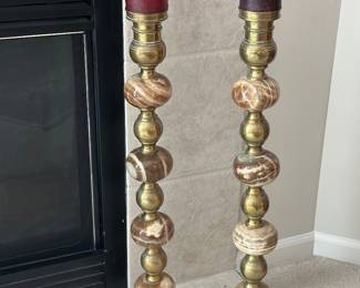 Pair of Turkish altar candlesticks, brass and marble 