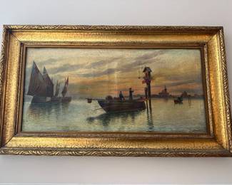 Antique oil painting, Venetian harbor scene signed P Conden 