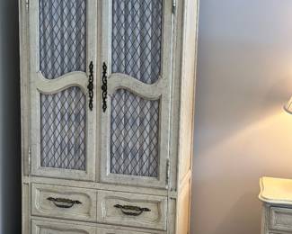 Vintage Ethan Allen French Country collection, armoire , lattice door design (2) , pair of matching night stands and bed