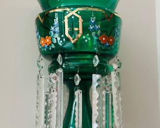 Victorian emerald glass mantle lustre ( pair) 