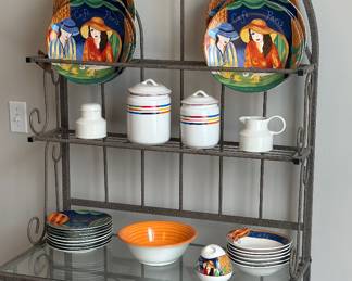 Bakers rack, vintage Sango " Cafe Paris" dinnerware set, vintage retro canisters 