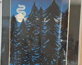 Signed and numbered Max Shaye limited edition woodcut/linocut print "Tall Pines"