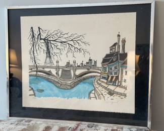 Signed Jacquest vintage framed litho "City Street" 