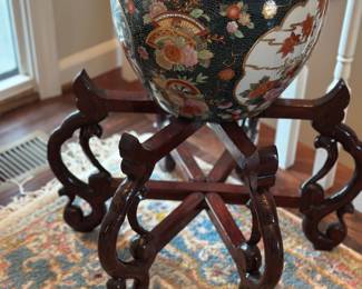 Vintage Satsuma style porcelain fish bowl planter ,Chinese style plant stand 