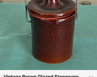 Vintage Brown Glazed Stoneware Cheese or Butter Crock with Wire Lid