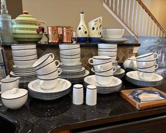 Crate + Barrel Roulette Blue Band Dishes