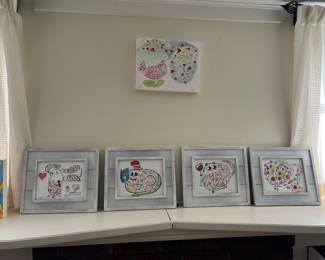 Small sampling of the art.  Many originals as well as prints.  Framed and unframed.  Much of this artist's work is on mugs, tumblers, cards, etc. 