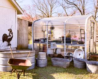 Green House and Collection of Galvanized Farm and Utility Containers