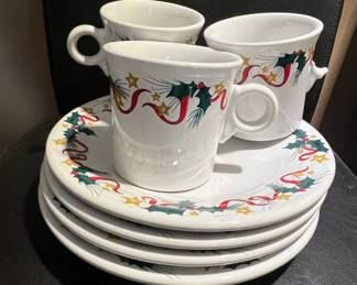 Fiesta Holly and Stars Pattern Ceramic Mugs and Saucers Set