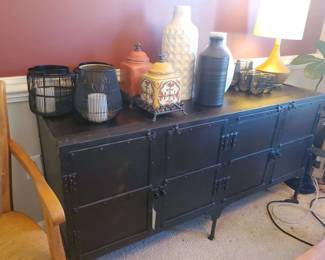 Lot 113:Restoration hardware? Industrial four-door metal cabinet measures 62x19x30... No content