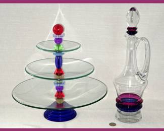 Colorful Canape Tiered Stand and Decanter