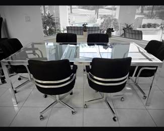 Fabulous Modernist Glass and Metal Table with Extra Leaf and Set of 6 Modernist Swivel Chairs