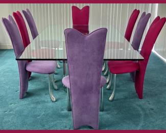 Fabulous Colorful Modernist Chairs and Glass Top Table with Mirrored Base; There is also a set of 4 of these Chairs in Black