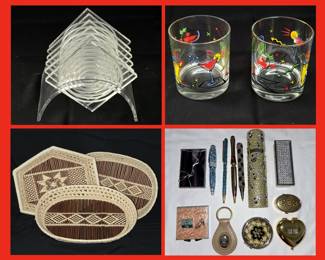 Lucite Coasters, Fun Cocktail Glasses, Woven Baskets and Smalls