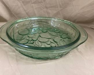 Green Glass Pie Plate w/Orchard Fruit 