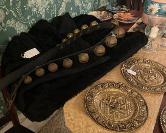 Antique carriage blanket also featuring antique solid, brass horse sleigh bells