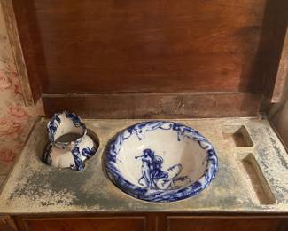 Lidded antique wash station cobalt and white