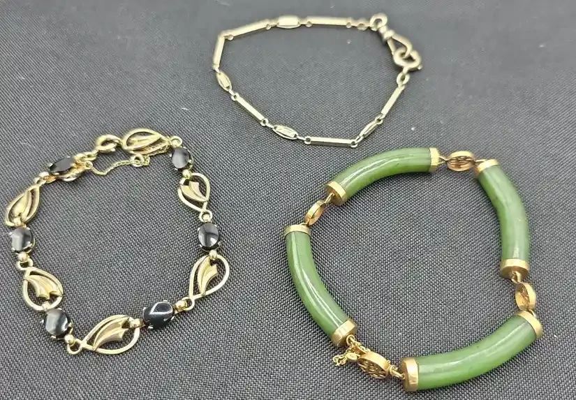  01 Three Stamped 14kt Bracelets Including Vintage Chinese Jadeite 