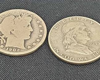 Two Barber Silver Half Dollars 1900O  1902 1948 Franklin Half Dollar 1964 Kennedy Half Dollar