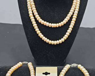 Two Freshwater Pearl Necklaces Two Bracelets Pierced Earrings Sterling Silver Clasps