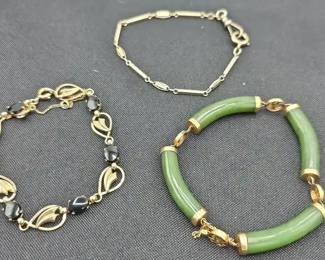  01 Three Stamped 14kt Bracelets Including Vintage Chinese Jadeite 