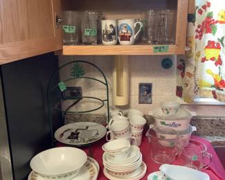 Corelle dishes, mugs from Illinois State, glassware