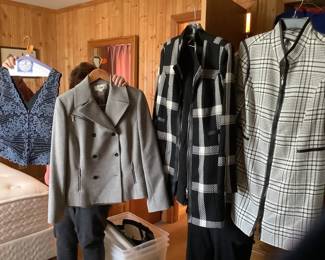 Sample of women’s clothing.  Brands include Talbots, White House black market, Ralph Lauren, Kaspar suits, and more.  Some brand new .  Many seldom worn.  Shoes size 8.  Clothes sizes Med and large, 6, 8 , 10