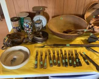 Antique wooden bowl, wooden handled forks, vintage scale,antique pulleys