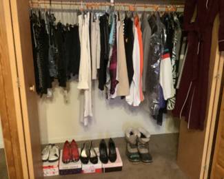 Tops, skirts, jeans, pants, dresses, jackets, coats, …sizes 6, 8, and 10.  Shoes size 8.