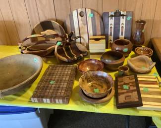 Handmade wood objects.  Also antique wooden bowl