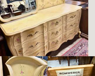 Vintage Three Peice (Dresser, Mirror and Queen Headboard) French Provencial Bedroom Suite by Romweber