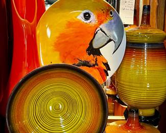 Large porcelain parrot plate, mid-century modern art glass vase, Haeger  pottery pieces